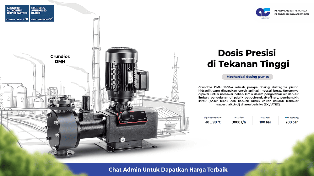 Grundfos DMH 1500-4 adalah mechanical dosing pump dengan teknologi hydraulic piston diaphragm untuk aplikasi industri bertekanan tinggi, dengan flow hingga 3.000 l/h.